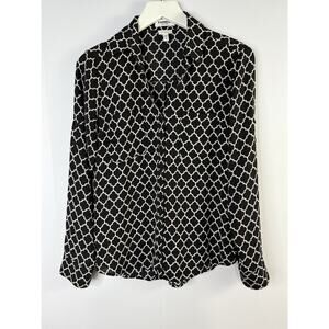 Express Portofino Top Womens Sz S Quatrefoil Black White Chiffon Roll Tab Sleeve